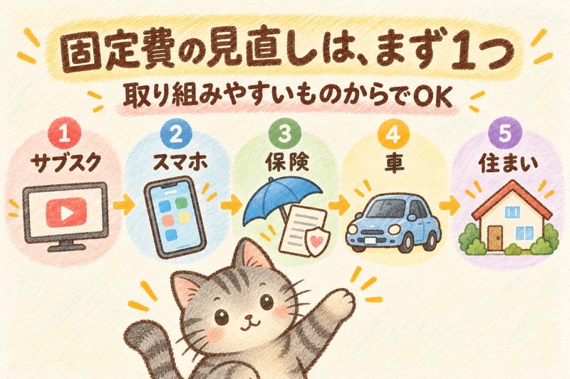 固定費を見直す順番の例:サブスク、スマホ、保険、車、住まい
