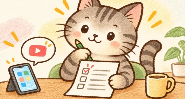 スマホとチェック表で毎月の支払いを確認するキジトラ猫